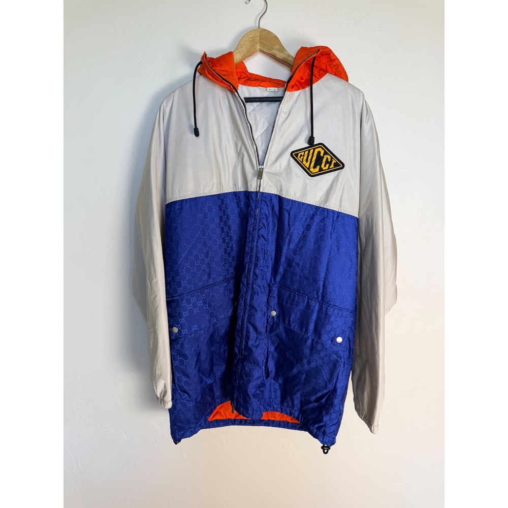 Gucci Mens Colorblock GG Monogram Hooded Windbreaker Jacket Size 50 IT Blue